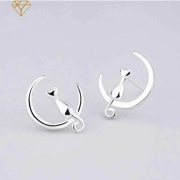 925 Silver Cat On The Moon Earrings - Picture 3 of 16
